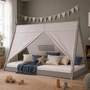 Homestyle4u Kinderbett 90x200 mit Lattenrost Hausbett Tipi Holzbett Grau günstig
