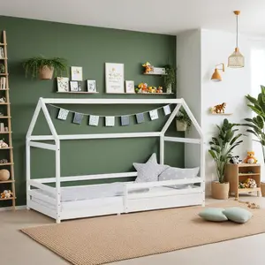 Homestyle4u Kinderbett 90x200 mit Lattenrost mit Rausfallschutz Hausbe... günstig