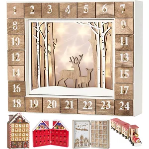 BRUBAKER Adventskalender Wald Holz Weiß Natur mit LED Beleuchtung 35.5...
