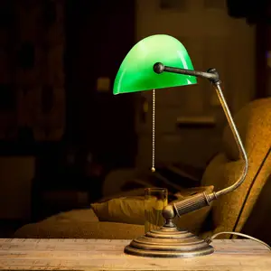 LICHT-ERLEBNISSE Bankerlampe Messing massiv Glas Zugschalter Handarbeit in Bronze Grün Schreibtischlampe günstig