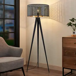 Lindby Stehleuchte Thoralf, Dreibein, schwarz, Textil, Ø50cm günstig