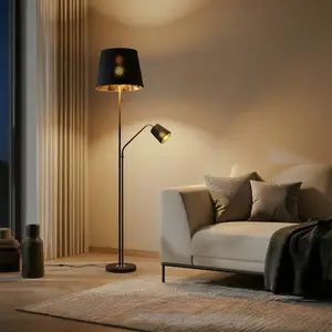 Lindby Stehlampe Efalia, schwarz/gold, Textil, Leselicht günstig