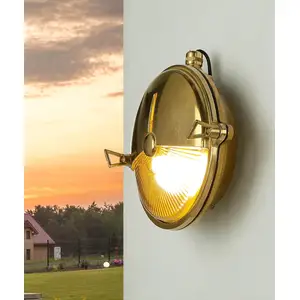 Licht-Erlebnisse Wandlampe Außen Messing Riffelglas IP64 Maritim wette...