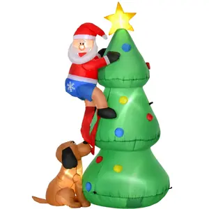 HOMCOM Aufblasbarer Weihnachtsbaum mit Weihnachtsmann & Hund 180 cm LE...