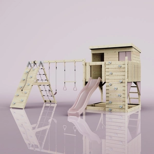PolarPlay OutdoorToys Spielturm Aksel aus Holz in Rosa Altrosa, mit Trapezstange günstig