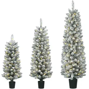 HOMCOM 3er-Set schneebeflockte LED-Weihnachtsbäume, schmal, 90/120/150 cm, mit PVC-Zweigen, warmweißen Lichtern und 8 Modi   Aosom