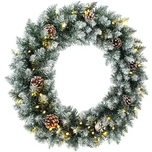 HOMCOM Weihnachtskranz 60 cm Beleuchtet Türkranz mit 50 LEDs Zapfen Kunstschnee Weihnachten Adventskranz Künstlicher Haustür Kränze Weihnachtskränze Weihnachtsdeko für Weihnachten Advent Haustür   Aosom