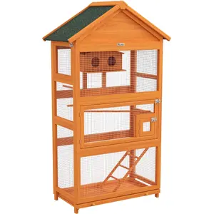 PawHut Vogelvoliere Holz Vogelkäfig mit 3 Sitzstangen Leiter 3 Türen Vogelhaus herausziehbarer Schublade, für Finken Wellensittiche 92 x 52 x 171 cm Orange   Aosom günstig