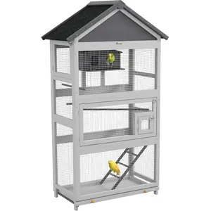 PawHut Vogelvoliere Holz Vogelkäfig mit 3 Sitzstangen Leiter 3 Türen Vogelhaus herausziehbarer Schublade, für Finken Wellensittiche 92 x 52 x 171 cm Grau   Aosom günstig