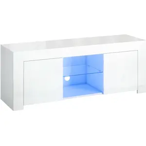 HOMCOM TV Schrank TV Board mit 2 Türen, RGB LED Leuchte, Hochglanz TV Lowboard für Fernseher bis zu 55 Zoll mit Glasregal, Kabelmanagement Fernsehtisch für Wohnzimmer Weiß 120x34x45cm Aosom günstig
