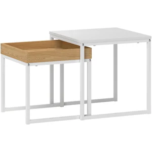 HOMCOM 2er-Set Couchtisch, Eckiger Beistelltisch, Kaffeetisch mit Stahlgestell, Sofatisch im modern Design, für Wohnzimmer, bis 30 kg Belastbar, Weiß+Eiche Aosom günstig