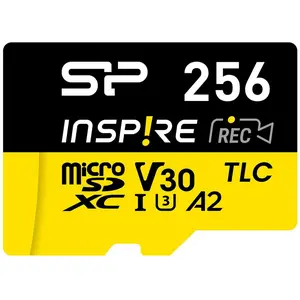 Silicon Power Speicherkarten Inspire 256GB, DDR200, W/A, CL10, V30, A2, TF SDXC UHS-IU3 (256 GB, MicroDrive, microSDXC, U3, UHS-I), Speicherkarte, Gelb, Schwarz