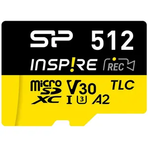 Silicon Power Speicherkarten Inspire 512GB, DDR200, W/A, CL10, V30, A2, TF SDXC UHS-IU3 (512 GB, microSDXC, U3, UHS-I), Speicherkarte, Schwarz, Gelb