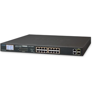 PLANET 16-Port 10/100TX 802.3at combo PoE Switch 2-Port Gigabit TP/SFP, with LCD PoE Monitor, 300 Watts, Unmanaged, Fast Ethernet (10/100), Vollduplex, Power over Ethernet (PoE), Rack-Einbau, 1U
