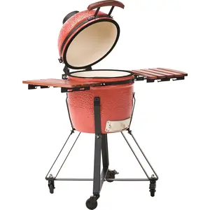 BELIANI Holzkohlegrill Rot aus Keramik Kamado Stil auf Rollen mit Deckel Thermometer Grillrost Outdoor BBQ Gartenzubehör Standgrill