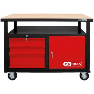 KS Tools, Werkbank + Arbeitsbock, Fahrbare Werkbank mit 3 Schubladen und 1 Tür (120 cm, 60 cm)