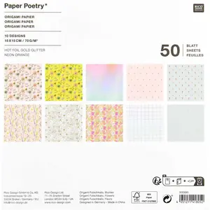 Rico Design, Bastelpapier, Faltblätter "Blumen" 15x15cm, sortiert, 50 Blatt (115 g/m², 50x)