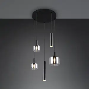 TRIO Hängelampe Mataro, chrom/schwarz, Ø 55 cm 5-flg. Glas/Metall günstig