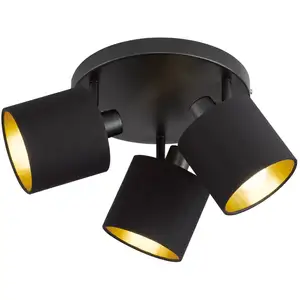TRIO Deckenstrahler Tommy, schwarz/gold, Ø 25 cm, 3-flg., Stoff günstig