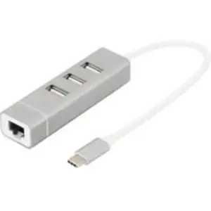 Digitus USB Typ-CTM 3-Port Hub + Fast Ethernet LAN-Adapter, Kabelgebunden, USB, Ethernet, Aluminium