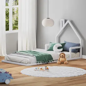 Idimex Bodenbett ELOA mit Hausdach 90x200 cm weiß Kiefer massiv, Montessori-Kinderbett, Montessori-Möbel günstig