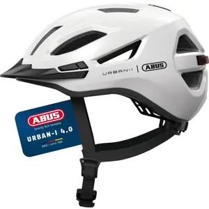 ABUS Stadthelm Urban-I 4.0 - Fahrradhelm mit aufladbarem Rücklicht, 2 Leuchtmodi, Schirm, Zopf-Öffnung und magnetischem Verschluss - für Jugendliche, Frauen und Männer - Größe XL, weiß günstig