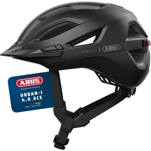 ABUS Stadthelm Urban-I 4.0 ACE - Fahrradhelm mit aufladbarem Rücklicht, 4 Leuchtmodi, Schirm, Zopf-Öffnung und magnetischem Verschluss - für Jugendliche, Frauen und Männer - Größe M, schwarz