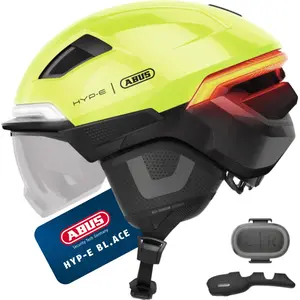 ABUS Fahrradhelm HYP-E B.LACE - mit Front-, Rück- und Blinklicht sowie kabellosen Bremslicht - mit Visier und Ohrenschützern - Größe S, Signal Gelb günstig