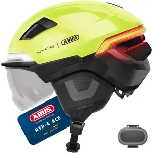 ABUS Fahrradhelm HYP-E ACE - mit Frontlicht, Rücklicht und Blinklicht - mit Visier und Ohrenschützern - geeignet auch für E-Bike und S-Pedelec - für Damen und Herren - Größe S, Signal Gelb günstig