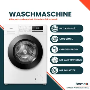 homeX Waschmaschine Frontlader 8kg Weiß: 1400 U/min, Dampffunktion, In...
