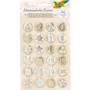folia 1219 - Adventskalender Buttons, Perlmutt, 24 Stück, aus Metall, zum Gestalten individueller Adventskalender, weiß/gold günstig