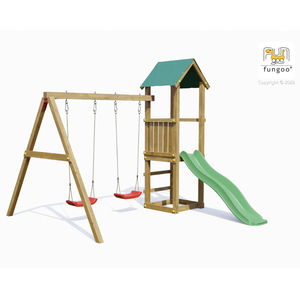 PlayTown Fungoo Spielturm "Lucas" natur mit Doppelschaukel, Rutsche un...