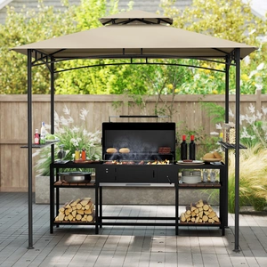 Costway Grillpavillon mit Doppeldach & 2 Seitenregalen & 6 Haken Gartenpavillon BBQ Pavillon 242 x 150 cm Beige günstig