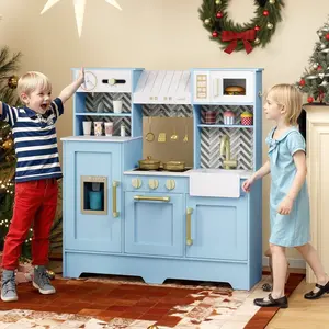 Costway Kinder Spielküche mit Kaffeemaschine & Eiswürfelspender Holz Kinderküche Puppenküche Blau
