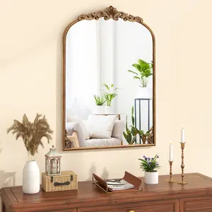 Costway Bogen Wandspiegel Goldener traditioneller Vintage-Barockspiegel mit Metallrahmen antiker Bogenspiegel 95 cm x 66 cm günstig