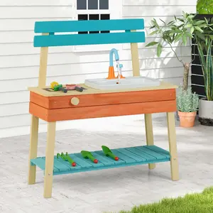 Costway Kinder Spielküche hölzernes Kinderkücheset mit Lebensmitteln Holzspießen Grillrost Blau