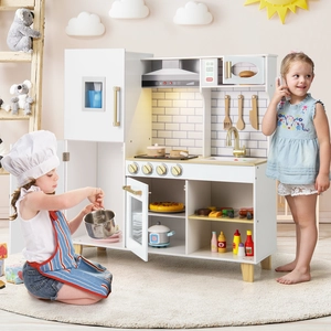 Costway Kinderküche mit Eismaschine & Dunstabzugshaube & Tafel Spielküche Holzküche Weiß