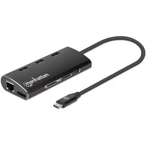 Manhattan USB 3.2 Gen 1 USB-C Multiport-Adapter, USB-C-Stecker auf HDMI-Buchse (4K@30Hz), drei USB-A-Ports auf der Oberseite, USB-C Power Delivery-Port (PD 3.0), Gigabit RJ45-Port und SD/MicroSD Card Reader, Aluminium, schwarz, USB Typ-C, 100 W, Schwarz, MicroSD (TransFlash), SD, Aluminium, CE, FCC, RoHS2, WEEE