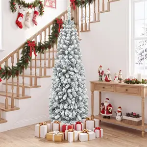 Costway 180 cm Bleistift Weihnachtsbaum mit Schnee künstlicher Tannenbaum mit Metallständer Grün + Weiß