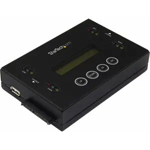 StarTech.com 1:1 Selbständige Festplatten Klonstation und Löscher, USB Stick und SATA HDD/SSD Disk Kloner und Löscher, LCD Bildschirm, TAA konform, OS unabhängig, HDD-Duplikator, 2 Kopien, Schwarz, Stahl, Kopieren, Löschen, 6,6 GB/min
