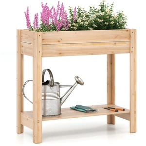 Costway Holz Hochbeet mit Ablage Erhöhtes Gartenbeet mit Drainagefächern Pflanzkasten Gemüsebeet Natur günstig