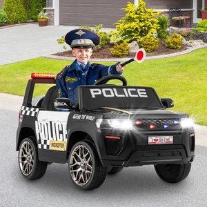 Costway Kinder-Polizeiauto 12V betriebenes Polizeiauto mit Fernbedienung kabelloser Verbindung Musik Hupe Sirene & LED-Blinklichtern Schwarz günstig