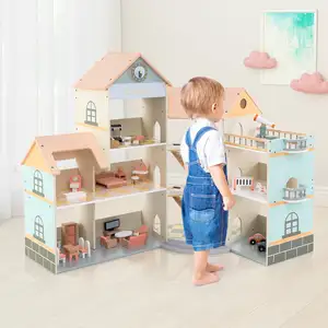 Costway Eck-Puppenhaus aus Holz mit Rosa Dach & 41 Möbelstücken & Zubehör Puppenstube DIY Traumhaus Orange