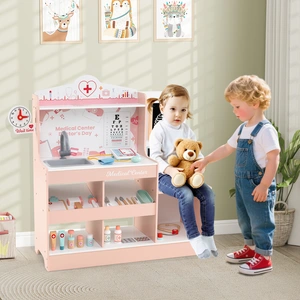 Costway Krankenhaus Spielzeug mit Medizinischen Geräten & 24 Zubehör Holz Doktor-Spielset Rosa
