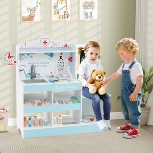 Costway Holz-Doktor-Spielset medizinisches Zentrum für Kinder mit Uhr Waschbecken Sehtesttafel EKG-Monitor Blau