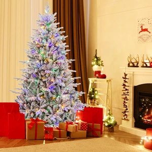 Costway 218 cm großer beflockter Weihnachtsbaum künstlicher Christbaum mit 8 Lichtmodi 350 mehrfarbigen LED-Lichtern