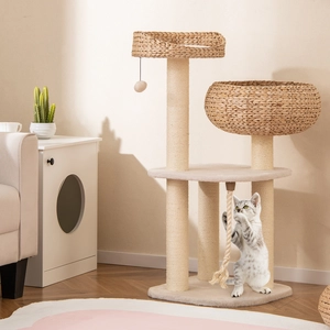 Costway 104 cm Holz Katzenbaum mit Sitzstange & Korb & Sisalpfählen Kratzbaum Kletterbaum Beige günstig