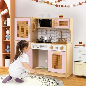 Costway Kinderküche mit Rattantüren & Licht & Sound & Kühlschrank Spielküche Spielzeugküche Rosa