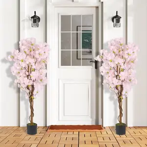 Costway 2er Set Kunstbaum mit Blüten 150 cm Kunstpflanze im Topf künstlicher Kirschblütenbaum Rosa günstig