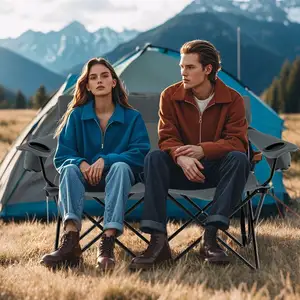 Costway Campingstuhl für 2 Personen Klappstuhl mit Getränkehaltern & Armlehnen & Tragetasche Grau
